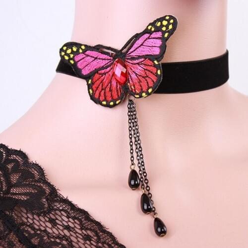 Fine Quality Pretty Red and Blue Butterfly With Beads Tessel Black Velvet Neck Choker