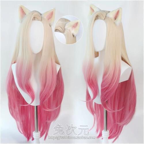 Game KDA Ahri Wig with Ears Cosplay Costume New Skin K/DA Blonde Mixed Pink Wigs Women Heat Resistant Synthetic Hair Party Wig