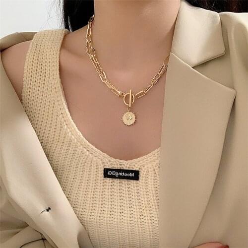 Retro Multilayer Portrait Head Coin Pendant Chain Necklace For Women Trendy Gold Silver Color Big Thick ChainOT Necklaces