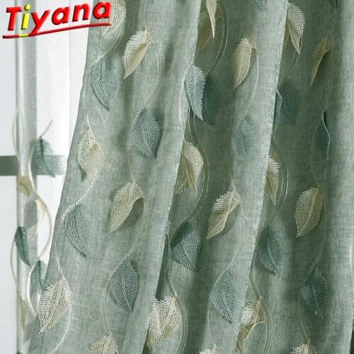 Luxury Embroidery Leaves Embossed Curtains for Living Room Modern 3D Green leaf Tulle Curtains for Bedroom #VT
