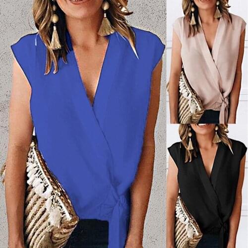 Sexy Solid Color Deep V-Neck Blouse Summer Sleeveless Top Casual Office Street Wear Top
