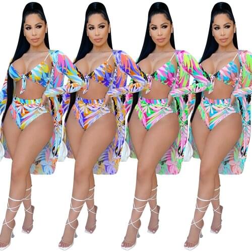 Sexy Print Bikinis Set Tie Bra High Waist Thong and Print Cover-ups Swimming Beach Bathing Suit Hollow Out Swimming Swimsuits