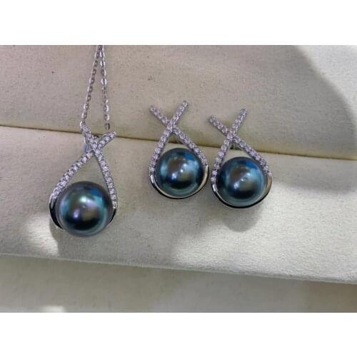 Fashion Hot New 925 Sterling Silver 9-10mm Big Size Real Tahiti Southsea Pearl Pendant Earrings Set Jewelry Set