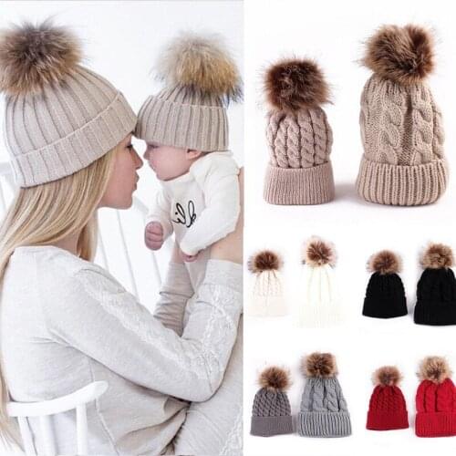 Natural Fur Hat For Kids Children Baby Boys Girls Winter Warm Ball Knit Faux Raccoon Fur Pom Bobble Beanie Hat Winter Ski Cap