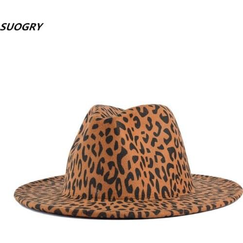 2020 Wide Brim Leopard Wool Fedora Felt Hat For Women New Warm Winter Panama Hat Jazz Cap With Band