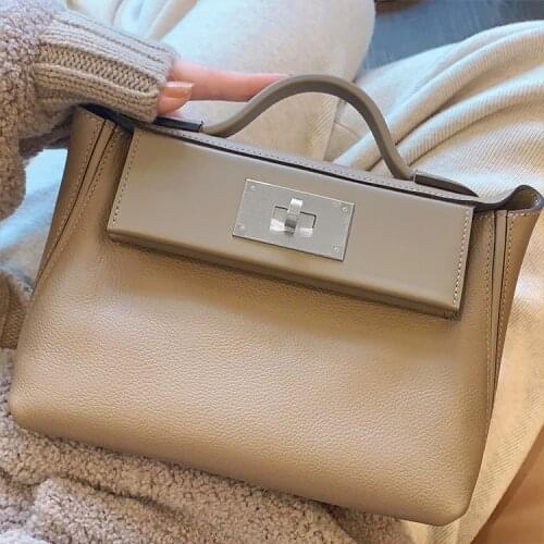 Genuine Leather boxy-shaped totes bags real leather Messenger bag cow leather shoulder bags with lock