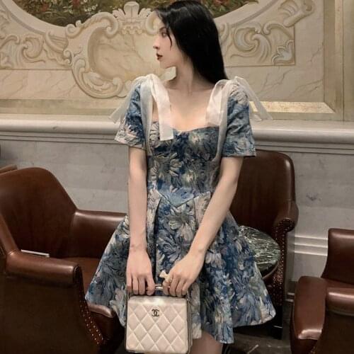 Korean Summer Clothes For Women Sexy Vintage Short Sleeve Beach Lace-Up Party Mini Dresses Japanese Sweet Print Puffy Dress Robe