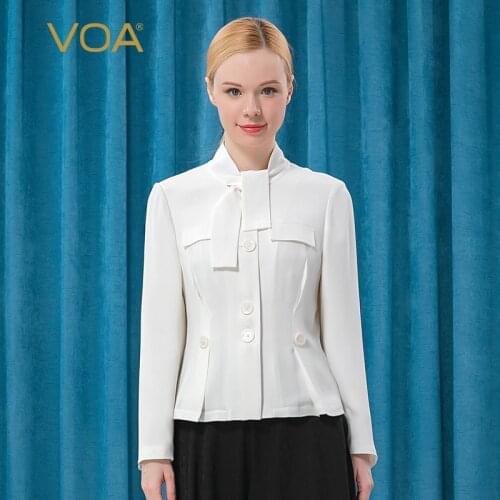 VOA Silk Spring Jacket 2021 30m/m White Heavy Weight Scarf Collar Fake Pocket Single Breasted Long Sleeve Short Coat WE75