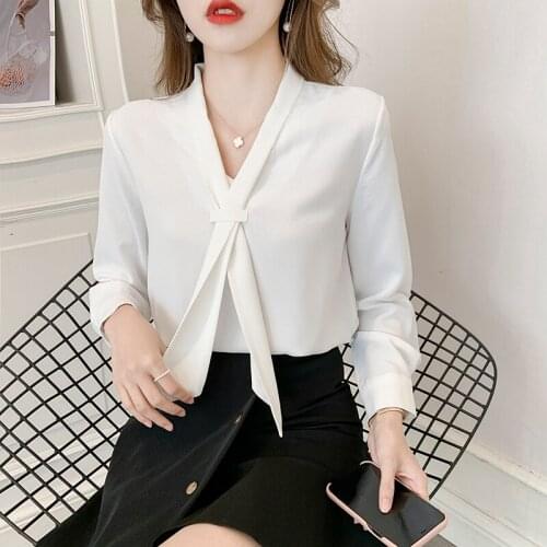 2021 white chiffon shirt women long-sleeved ribbon shirt V-neck temperament ladies professional spring and autumn tops blouse