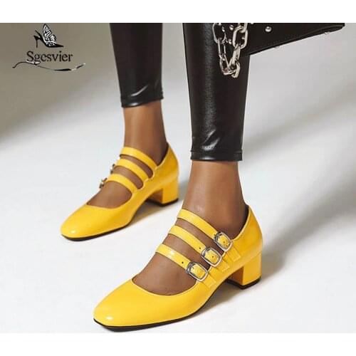 Sgesvier 2020 New Fashion Plus Size 34-48 Mary Janes Pumps Woman Shoes Patent Leather Buckle Strap Thick Heels Women Pumps