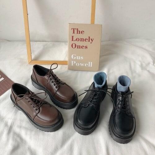Spring Autumn Women Oxford Shoes Flat on Platform Casual Shoes Black Lace Up Leather Shoes Sewing Round Toe