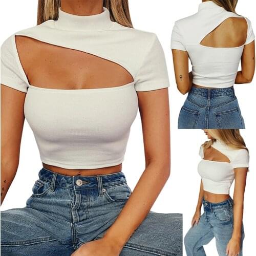 Women Cut Out Crop Tops Fashion Sexy Mock Neck Short Sleeve Solid Slim Fit Knit T-Shirt Tee for Daily Rave Party топы женские