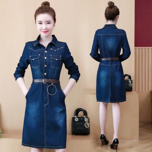 New 5XL Spring Autumn Women Dresses Plus Size Fashion Turn-Down Collect Waist Belt Slim Jeans Dress For Women Denim One-Piece