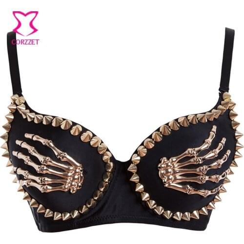 Corzzet Gold Skull Hand Punk Bra Push Up Strapless Plus Size Brattle Adult For Women Party Night Underwear