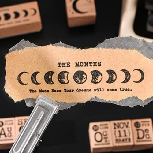 M68E 14Pcs/Set Vintage Months Letters Wooden Rubber Stamp Retro Moon Phase Dairy Stamps for Scrapbooking Stationery DIY Craft