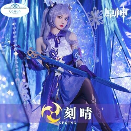 Anime! Genshin Impact Keqing Game Suit Lovely Dress Uniform Cosplay Costume Halloween Party Outfit For Women XS-XXL 2021 NEW