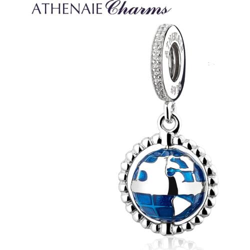 ATHENAIE Real 925 Sterling Silver CZ Spinning Globe Dangle Charms Planet Earth Pendants Beads for Bracelet Women Gifts