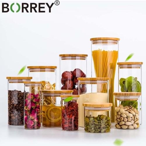 BORREY Kitchen Storage Bottle Glass Jars Tea Coffee Beans Grains Sealed Cans Airtight Canister Mason Candy Jar Bottle Bamboo Lid