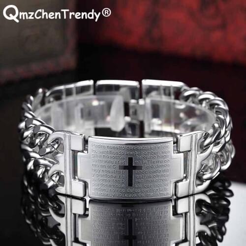 Stainless Steel Double Chain Cross Bracelet Christian Lords Prayer Cross Scriptures ID Bracelet Men Jewelry Rock Biker Gift