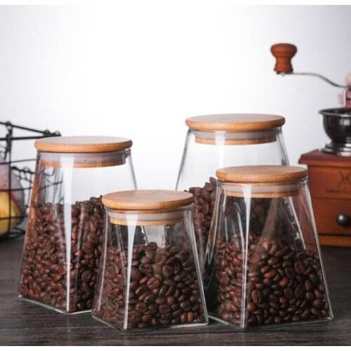 Wood Lid Glass Airtight Canister Kitchen Storage Bottles Jars Food Container Grains Tea Coffee Beans Grains Candy Jar Containers