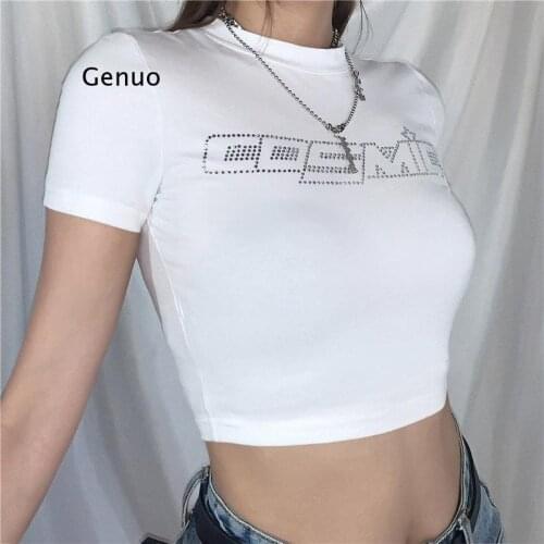 Tees High Street Top Base T Shirt Femme Letters Hot Drilling Short Sleeve O-Neck T-Shirt Woman Camisetas Mujer Manga Corta