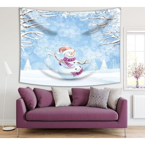 Tapestry Merry Christmas Happy New Year Winter Celebration Happy Snowman Snowflakes Snow Covered Trees White Blue Illustration