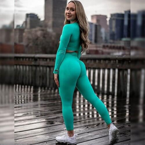 2-piece sportswear apparel sportswear workout clothes long-sleeved crop tops high waist elastic leggings 5 colors seamless yoga