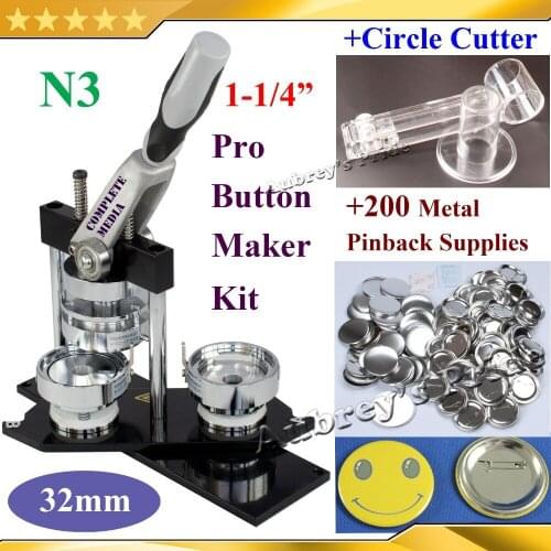 NEW Pro N3 1-1/4":32mm Badge Button Maker Machine + Adjustable Circle Cutter+200 Sets of Metal Pinback Supplies