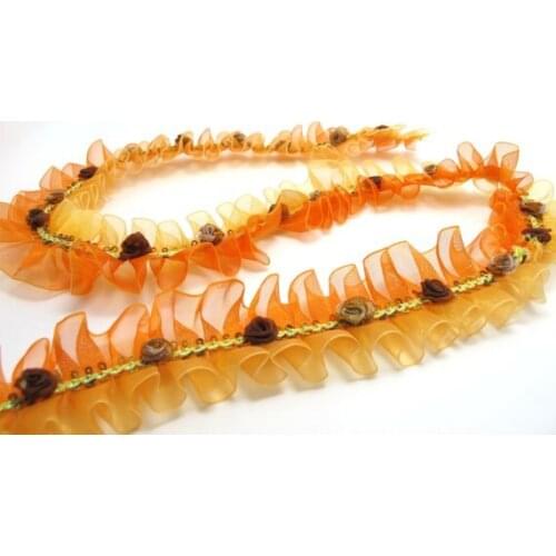 Pleated Trim|w Rococo Flower Trim|1 1/2 Inches Pleated Ombre Printed Chiffon Trim|Organza Chiffon Trim|Retro Handmade Supplies