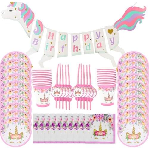Unicorn party tableware birthday decoration disposable cup tissue paper balloon girl unicorn banner plate straw baby shower