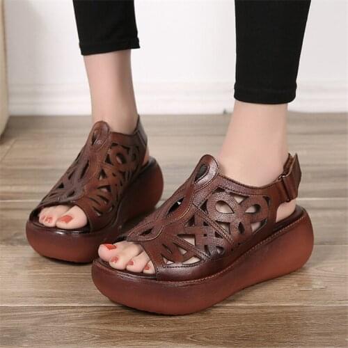 Women Sandals 2020 Summer Shoes Hollow Out Sandals Genuine Leather Handmade Retro Mother Fashion Casual Platform Sandalias Mujer