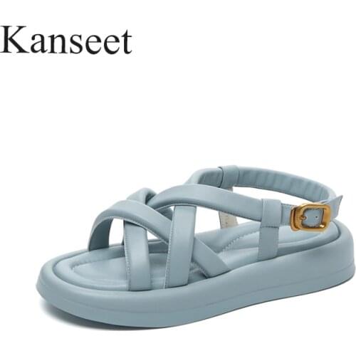 Kanseet Sandals Women Summer 2021 Black Genuine Leather Shoes SheepSkin Flat Platform Sandals Ladies Narrow Band Casual Footwear