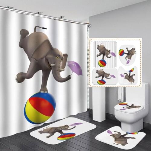 Juggling Elephants Print Shower Curtain With Hooks Bathroom Mat Set Anti-slip Soft Bath Carpet Cartoon Kids Home Decoration