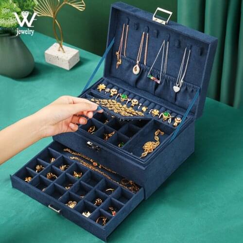 WE Oversized Navy 3layers Velvet Jewelry Box, Fashion Fannel Jewelry Organizer with Safety Lock for Earring Necklace Makeup