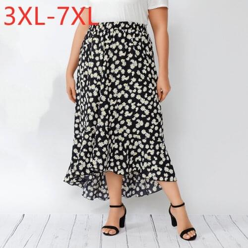 New 2021 Ladies Summer Plus Size Long Skirt For Women Large Loose A-line Black Ruffle Floral Print Skirts 3XL 4XL 5XL 6XL 7XL