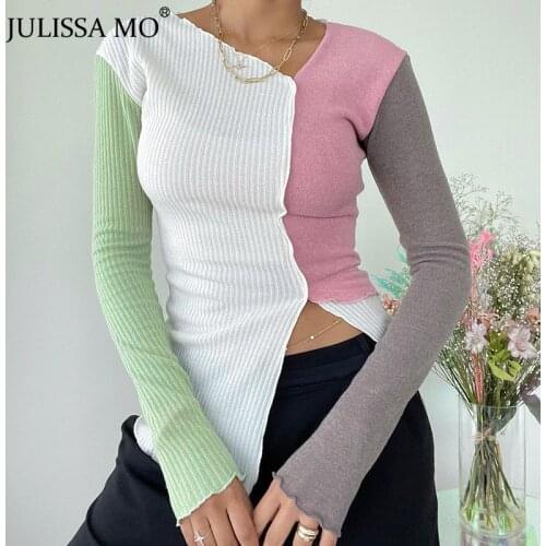 JULISSA MO Fashion Long Sleeve Irregular Ribbed Tops Womens Autumn Fashion Patchwork V-neck T-shirt Female Sexy Casual Top 2021