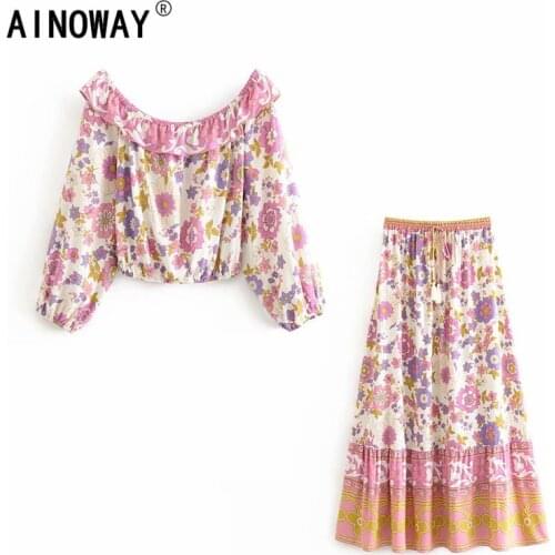 Vintage chic Women two piece outfits ruffles long Sleeve tops Bohemian elestic waist skirts 2 pieces rayon cotton Boho sets