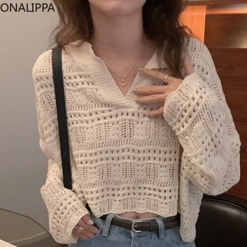 ONALIPPA Women Sweater 2021 Autumn French Lazy Style V-neck Openwork Crochet Loose Casual Solid Color Short Knitted Pullover