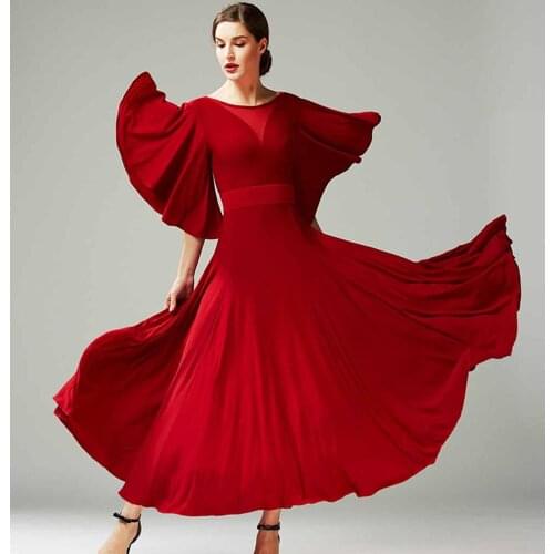 Ladies Lotus Leaf Sleeves Ballroom Dress For Competition