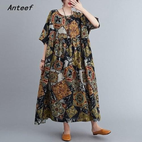 Short sleeve cotton linen plus size vintage floral dresses for women casual loose long woman summer dress elegant clothes 2021