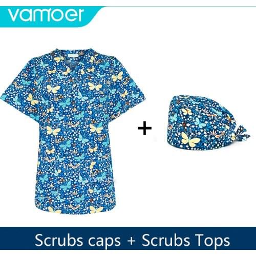 100% Cotton Hospital Worker Nursing Uniform Animal Print Casual Short Sleeve V-neck Carer Top Nurse Working Medical Uniforms