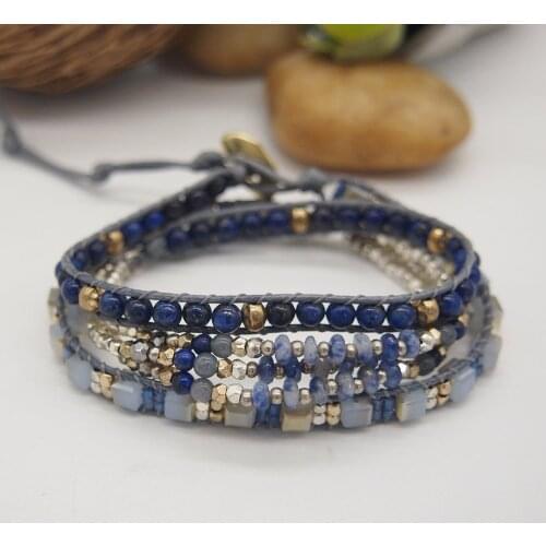 3Layers Lapis Lazuli Wrap Bracelet for Girls Crystal Blue Vein Natural Stone Metal Beads Boho Bracelets Ladies turmalina negra
