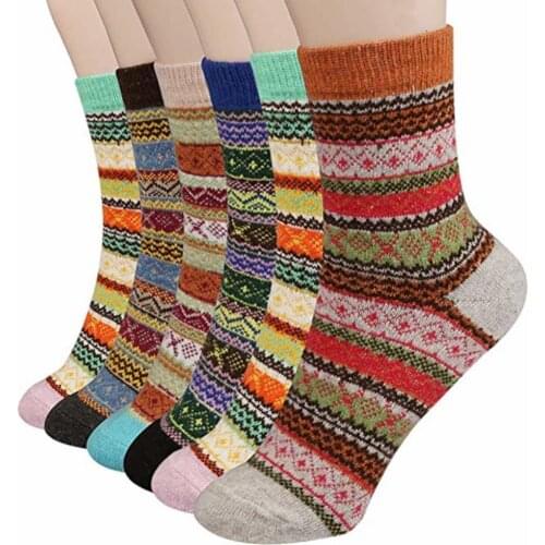 6 Pairs/Set Woman Socks Stylish Women Winter Stripes Woolen Thick Warm Middle Tube Socks