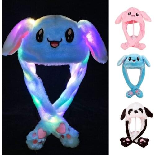 Adult Kids Light Up Plush Animal Hat with Moving Long Ears Cartoon Rabbit Bunny Panda LED Glowing Earflap Cap Stuffed Toys