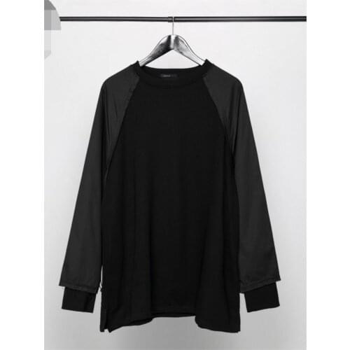 Spring and Autumn mens round collar trend solid color stitching leisure long sleeve T Shirt young mens long sleeve T shirt