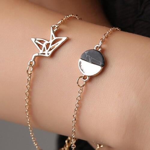 Two-Piece Set Hollowed-Out Peace Dove Round Cracked Stone Simple Style Silver Plated Golden Bracelets For Women