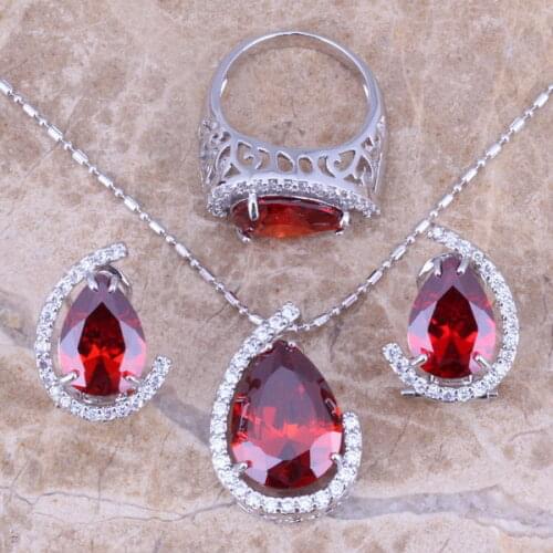 Red Garnet White CZ Silver Plated Jewelry Sets Earrings Pendant Ring Size 6 / 7 / 8 / 9 / 10 S0002
