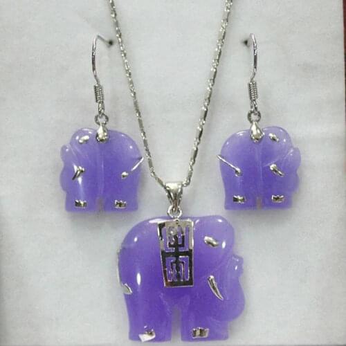 Fashion jewelry Set AAA Purple Jade Carving Elephant Pendant Necklace Earring