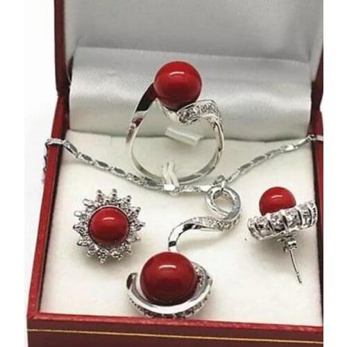 New hot Beautiful silver Red shell pearl Pendant necklace earrings Ring 8