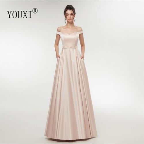 Nude Pink Sexy Prom Dresses with Pockets 2020 Long Satin Beaded Sash Off Shoulder Formal Gown Robe De Soiree
